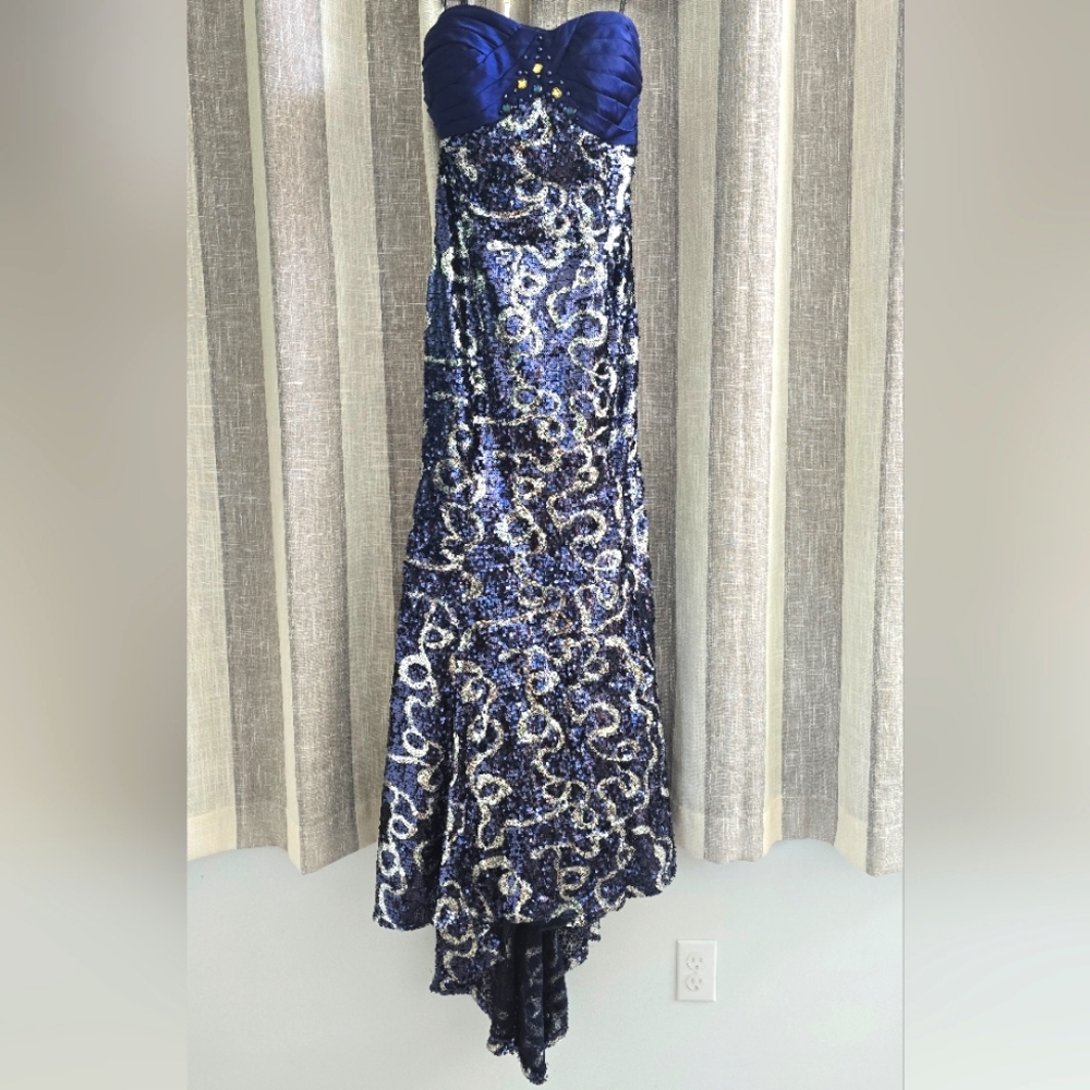 Strapless Navy and Silver Sequin Gown with Train